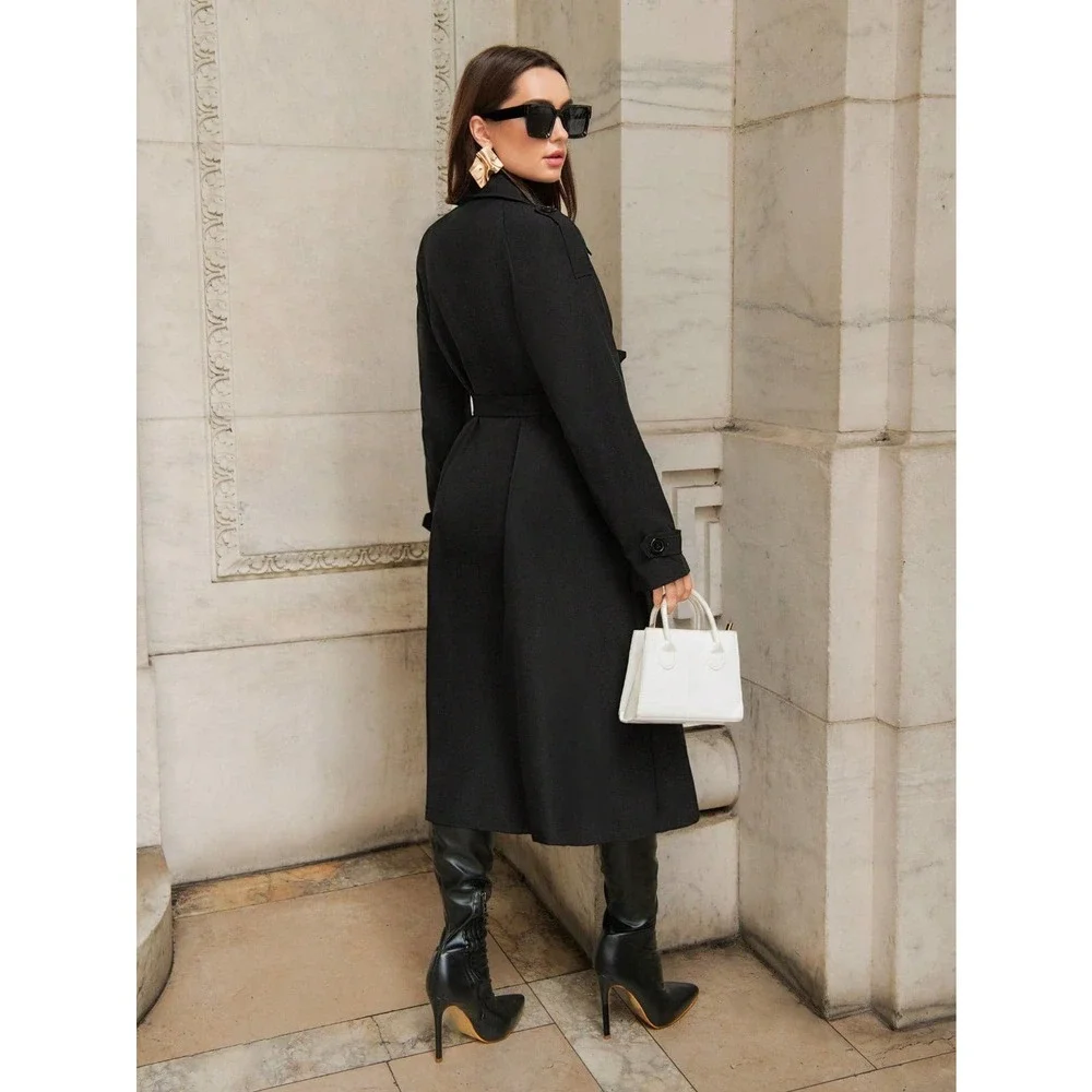 Double Breasted Belted Trench Coat long black - Picture 3 of 6